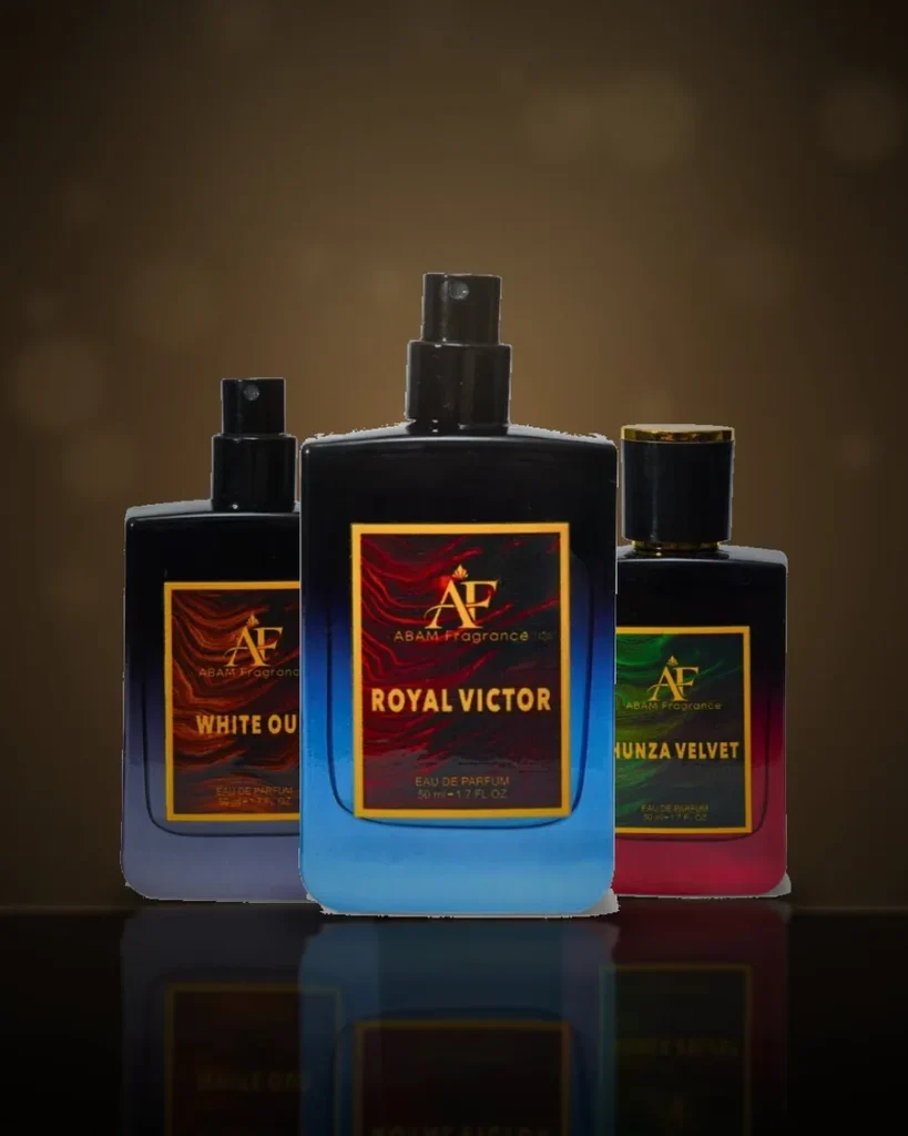 Abam Fragrance White Oud, Royal Victor and Hunza Velvet perfume bottles