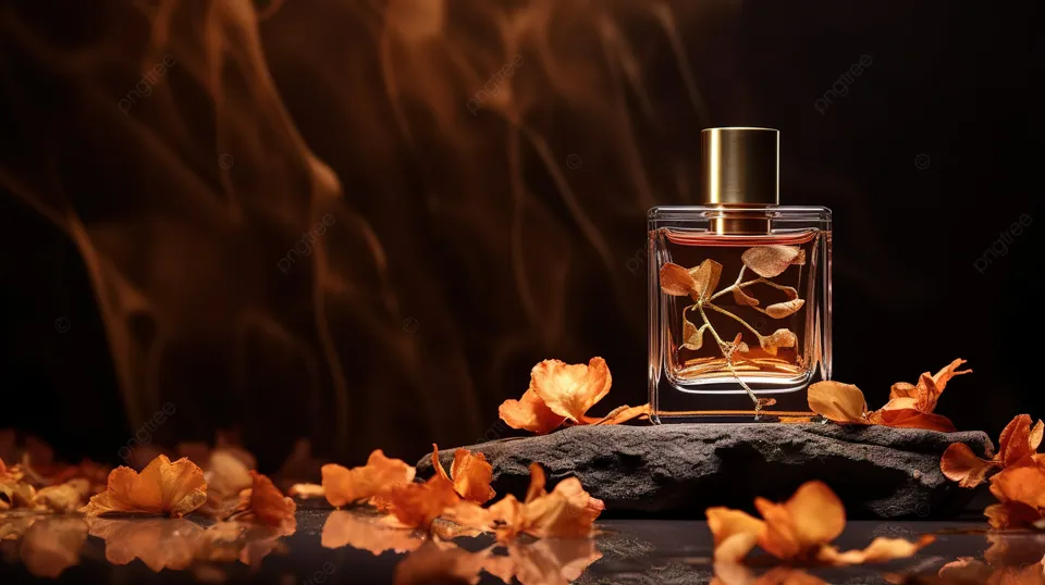 Abam Fragrance perfume bottle on dark wood with autumn leaves